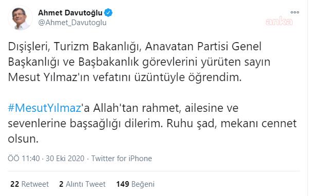 DAVUTOĞLU'NUN MESUT YILMAZ PAYLAŞIMI: "RUHU ŞAD, MEKANI CENNET OLSUN"