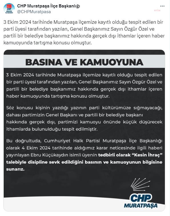 Gülşah Durbay hakkındaki iddialar... CHP Muratpaşa İlçe Başkanlığı: "Ebru Küçükaydın isimli üye tedbirli olarak 'kesin ihraç' talebiyle disipline sevk edildi"