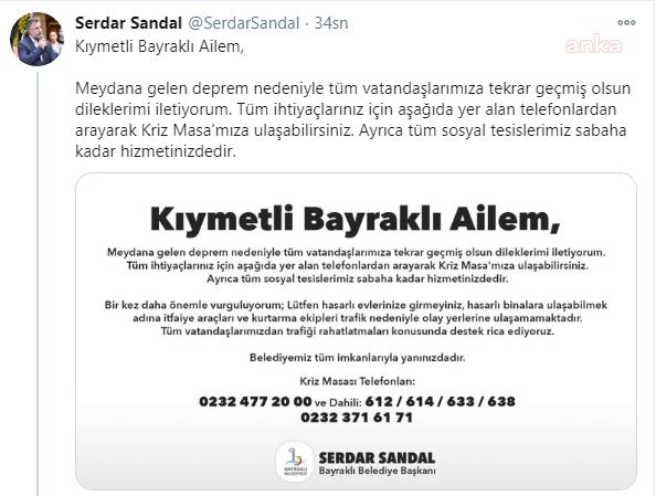 BAYRAKLI BELEDİYE BAŞKANI SANDAL, KRİZ MASASI TELEFONLARINI PAYLAŞTI