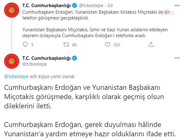 CUHURBAŞKANI ERDOĞAN'DAN YUNANİSTAN BAŞBAKANI MİÇOTAKİS'E: YUNANİSTAN'A YARDIM ETMEYE HAZIRIZ