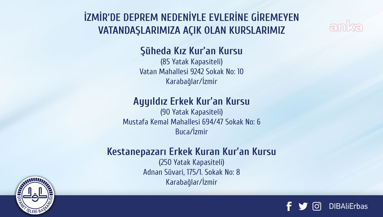 DİYANET, 3 KURAN KURSUNUN ADRES BİLGİLERİNİ PAYLAŞARAK DEPREMZEDELERE AÇIK OLDUĞUNU DUYURDU