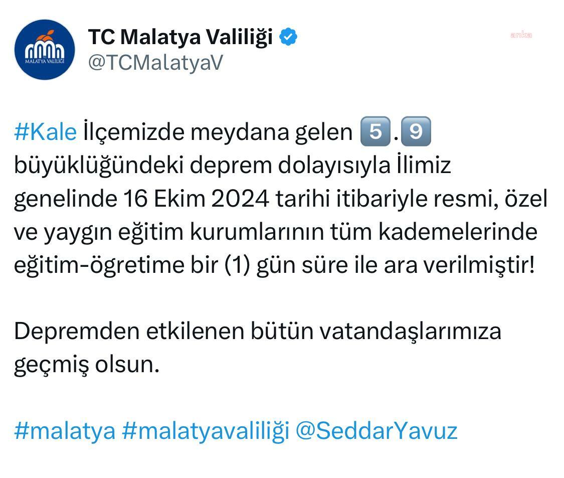 Malatya'da bütün eğitim kurumlarında eğitime bir gün ara verildi