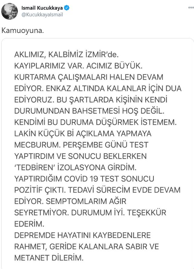 İSMAİL KÜÇÜKKAYA KORONAVİRÜSE YAKALANDIĞINI AÇIKLADI