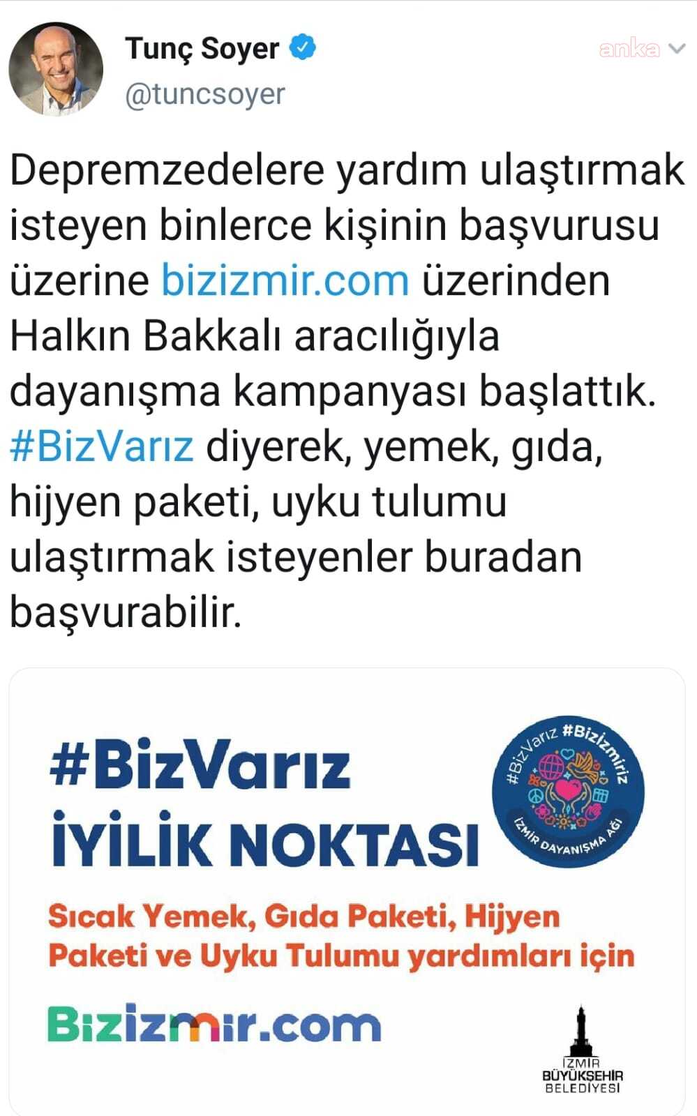 TUNÇ SOYER, YARDIMSEVERLERİ "BİZVARIZ" DEMEYE ÇAĞIRDI