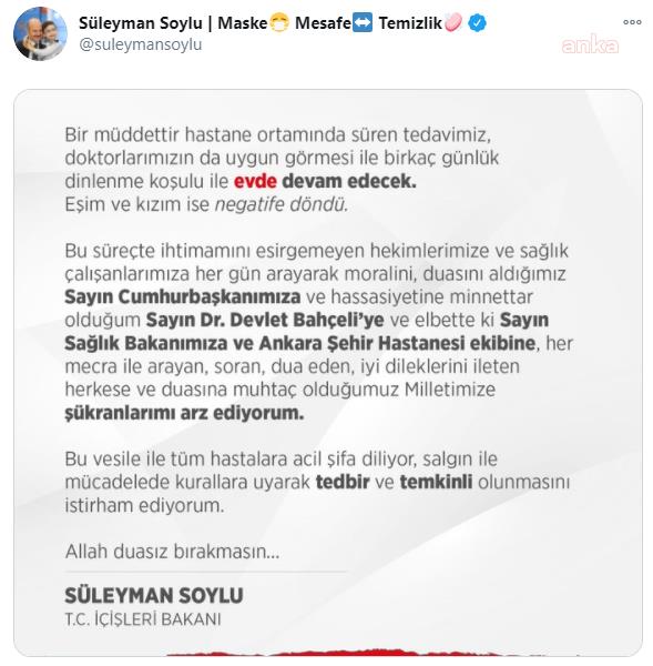 BAKAN SOYLU'DAN YENİ AÇIKLAMA: TEDAVİMİZ EVDE DEVAM EDECEK