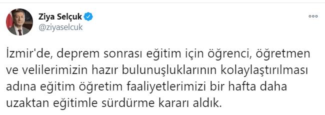 ZİYA SELÇUK: İZMİR'DE UZAKTAN  EĞİTİM 1 HAFTA DAHA UZATILDI