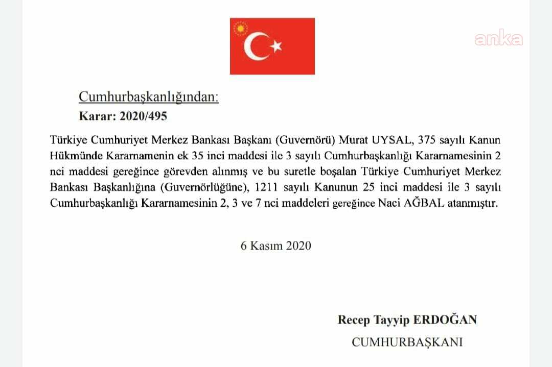 MERKEZ BANKASI BAŞKANI UYSAL GÖREVDEN ALINDI, YERİNE AĞBAL ATANDI
