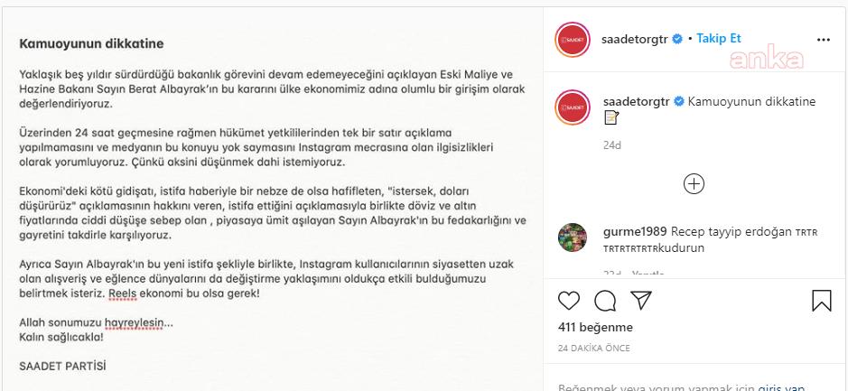 SAADET PARTİSİ’NDEN BAKAN ALBAYRAK’IN İSTİFASINA İRONİK İNSTAGRAM PAYLAŞIMI