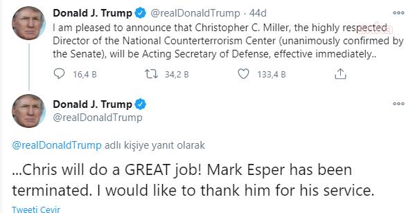 ABD BAŞKANI TRUMP, SAVUNMA BAKANI ESPER'İN GÖREVİNE SON VERİLDİĞİNİ DUYURDU