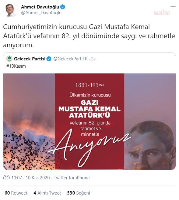 DAVUTOĞLU : GAZİ MUSTAFA KEMAL ATATÜRK'Ü SAYGI VE RAHMETLE ANIYORUM