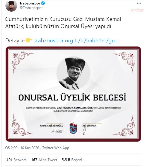 ATATÜRK, TRABZONSPOR'UN "ONURSAL ÜYESİ" YAPILDI