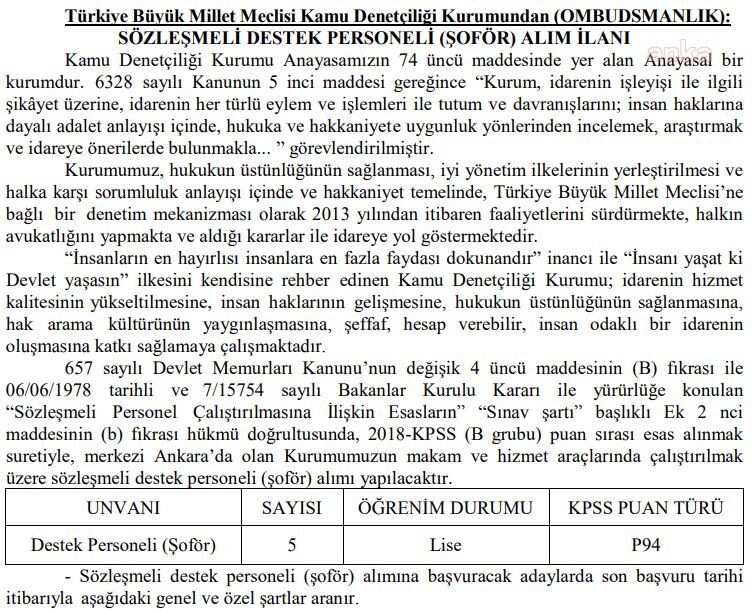 TBMM’NİN DENETÇİ KURUMUNA HADİSLE ŞOFÖR ALIMI