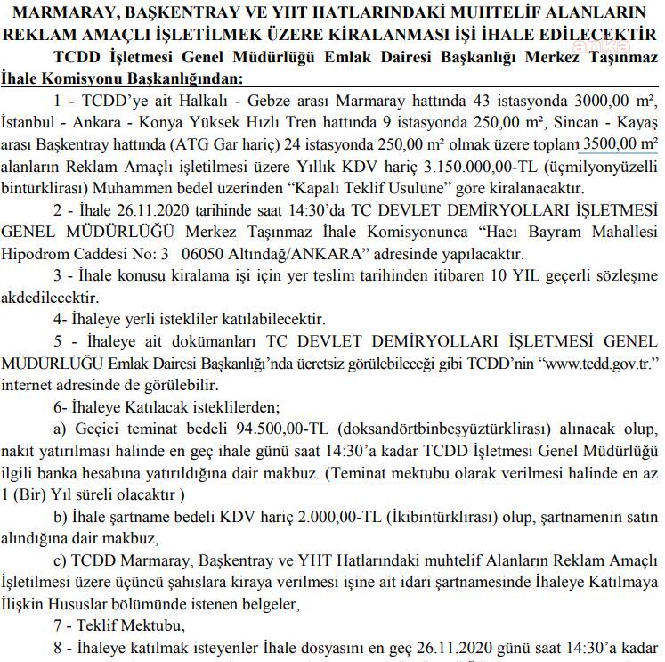 TCDD’DEN 3,1 MİLYON TL'LİK REKLAM İHALESİ