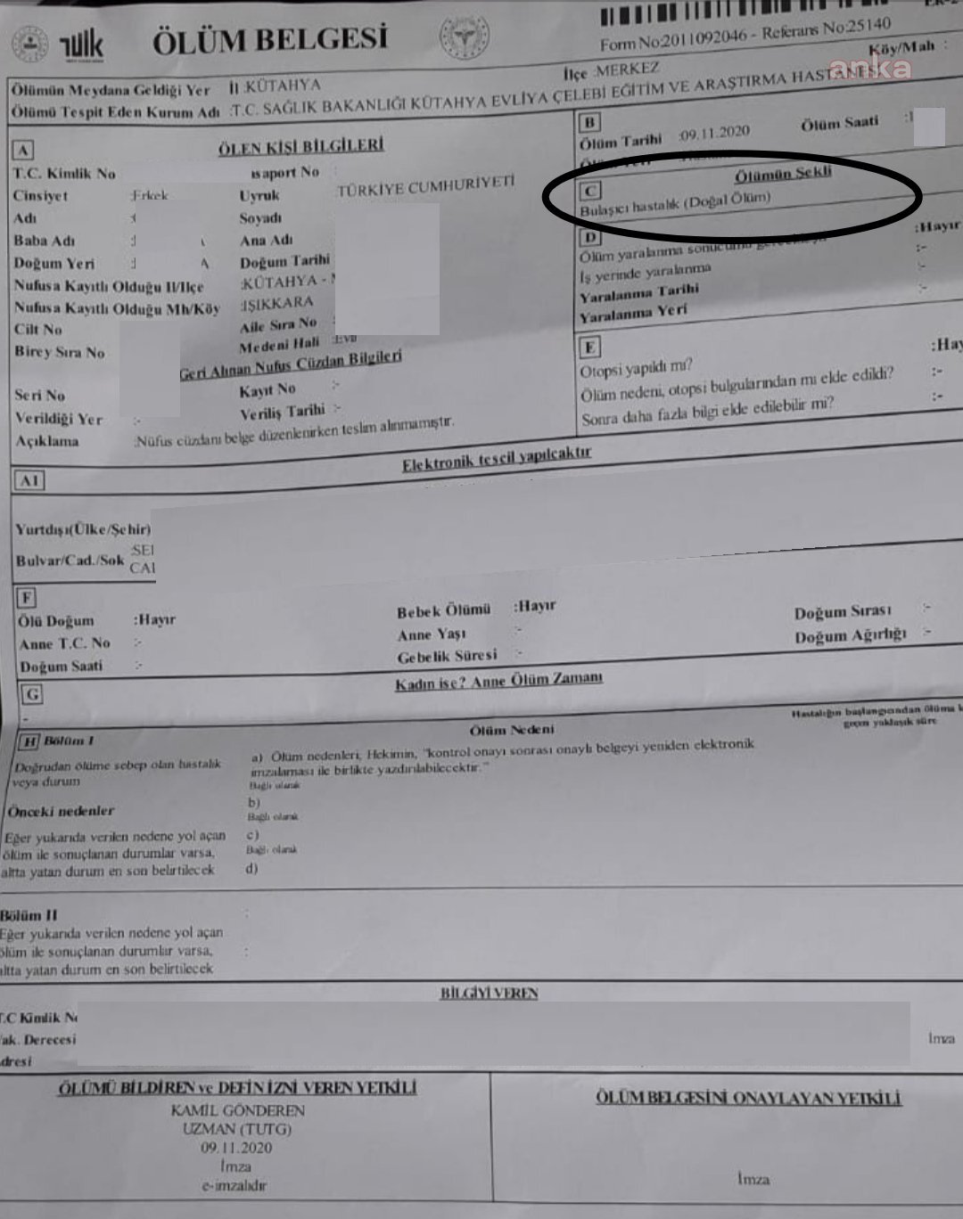 COVİD-19'DAN YAŞAMINI YİTİREN HASTANIN ÖLÜM BELGESİNE "DOĞAL ÖLÜM" YAZILDI