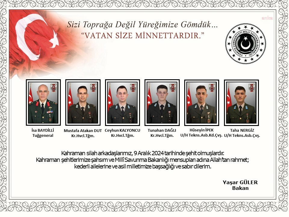 Bakan Güler helikopter kazasında şehit olan 6 asker için taziye mesajı yayınladı