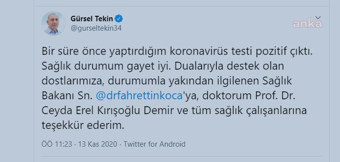 CHP'Lİ GÜRSEL TEKİN DE KORONAVİRÜSE YAKALANDI