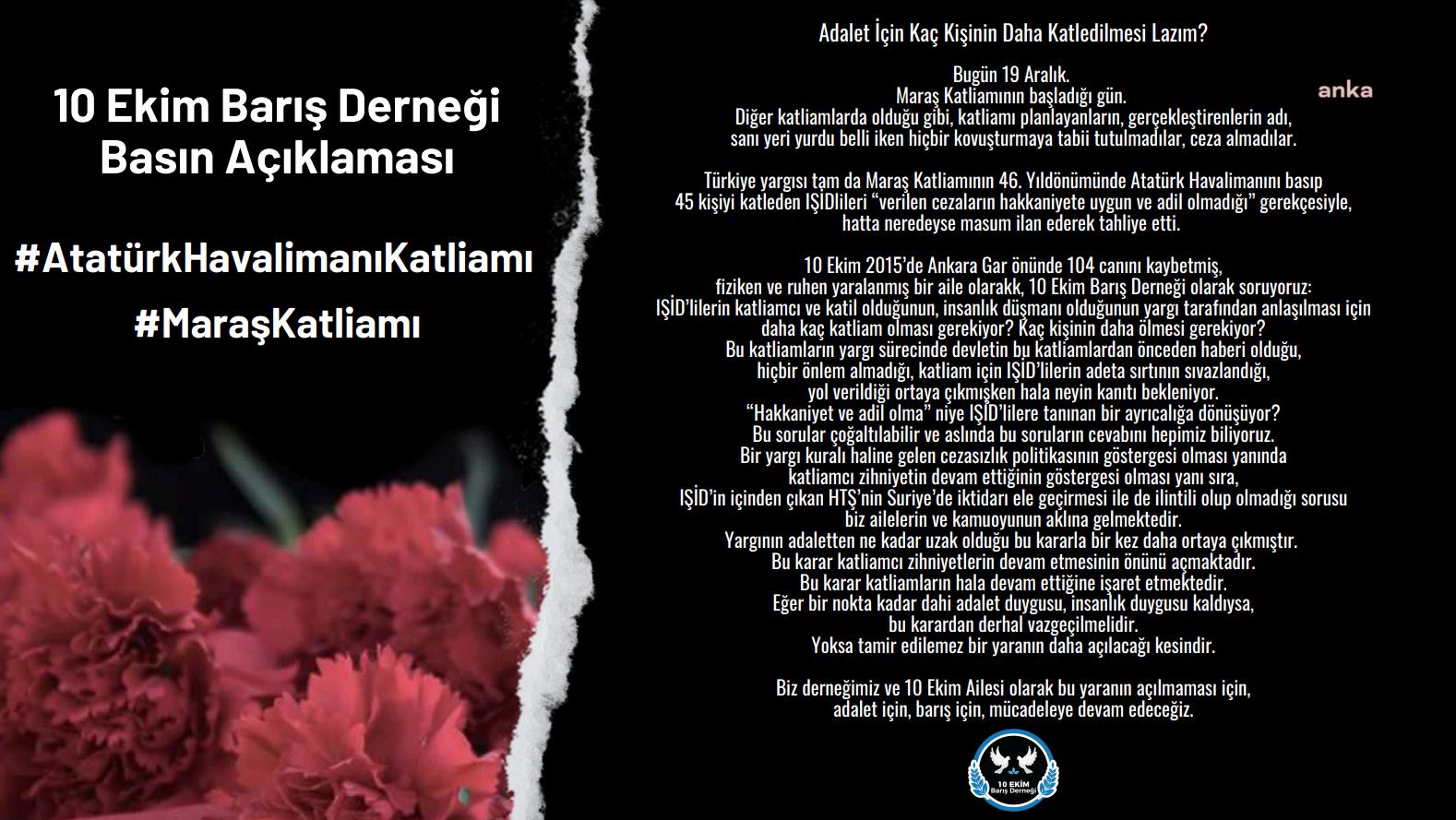 10 Ekim Barış Derneği’nden Yargıtay’ın Atatürk Havalimanı saldırısına yönelik kararına tepki:  “Hakkaniyet ve adil olma” niye IŞİD’lilere tanınan bir ayrıcalığa dönüşüyor