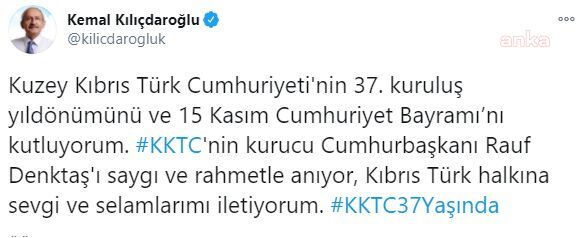 CHP GENEL BAŞKANI KILIÇDAROĞLU, KKTC’NİN KURULUŞ YILDÖNÜMÜNÜ KUTLADI