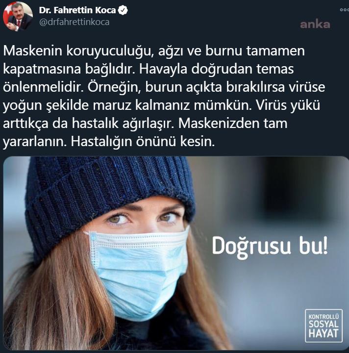 FAHRETTİN KOCA: MASKENİN KORUYUCULUĞU, AĞZI VE BURNU TAMAMEN KAPATMASINA BAĞLIDIR