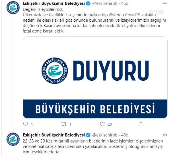 ESKİŞEHİR’DE COVİD-19 ÖNLEMLERİ KAMPSAMINDA TİYATROLAR KAPANDI