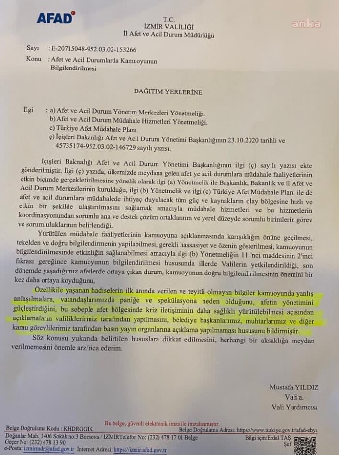 BELEDİYE BAŞKANLARINA "DEPREMDE SUS" GENELGESİ: AÇIKLAMAYI BELEDİYE DEĞİL VALİLİK YAPSIN!