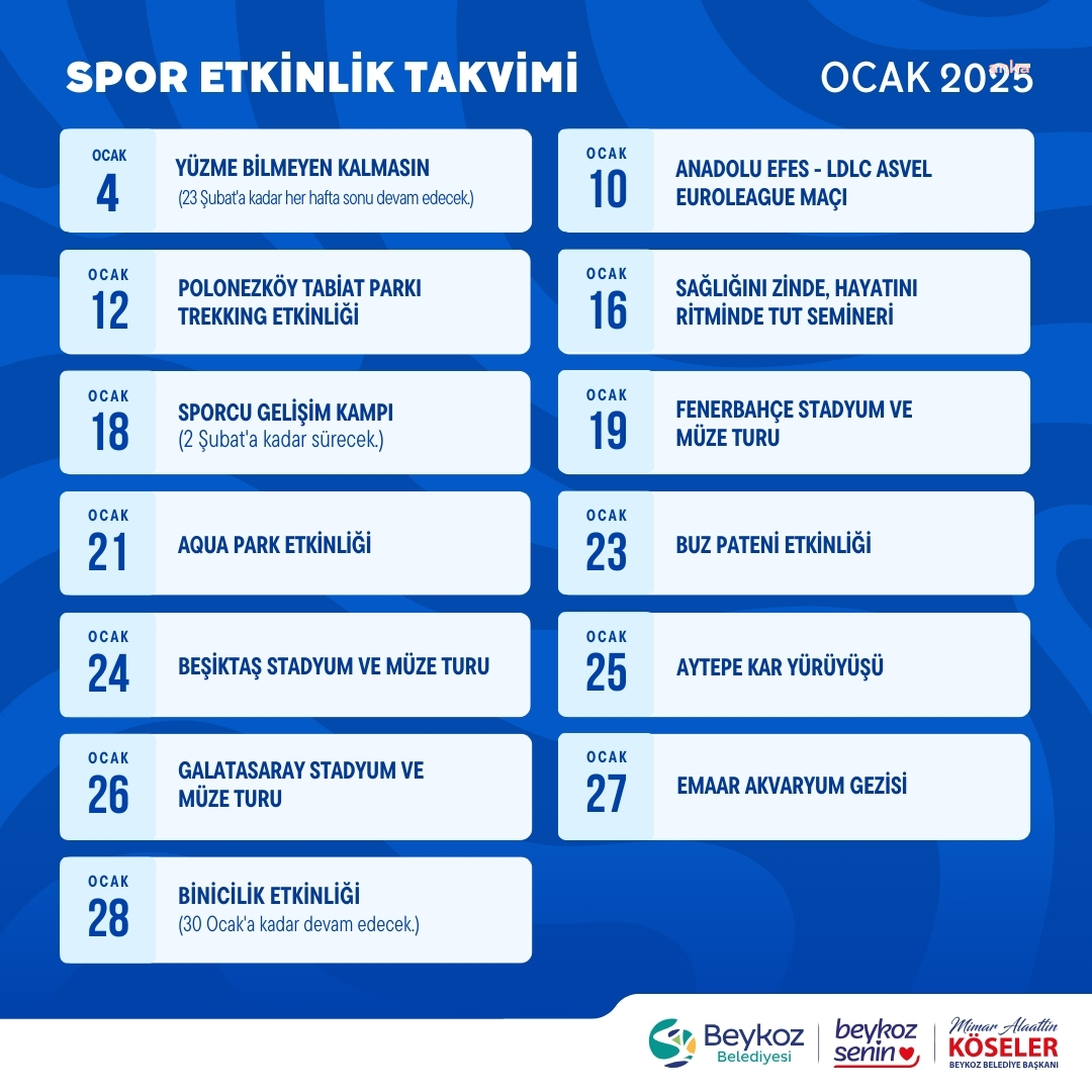 Beykoz Belediyesi tarafından ücretsiz sunulan spor etkinliklerinin ocak ayı takvimi açıklandı