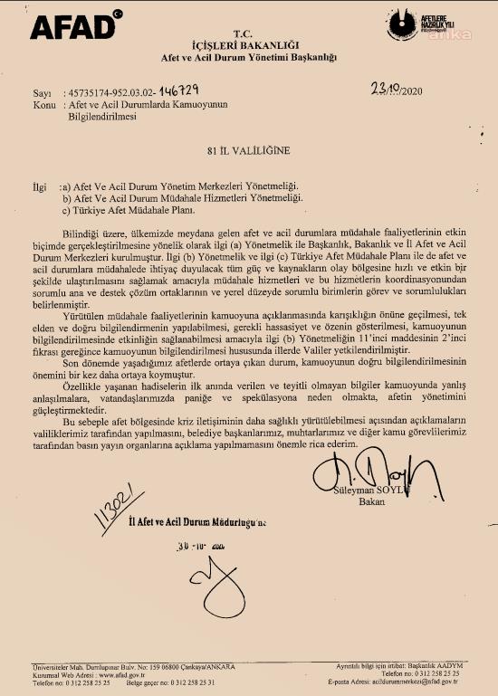 "SUS" GENELGESİNİ BİZZAT BAKAN SOYLU GÖNDERMİŞ