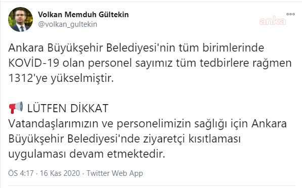ANKARA BÜYÜKŞEHİR'DE KORONAVİRÜSE YAKALANAN PERSONEL SAYISI 1312'YE YÜKSELDİ