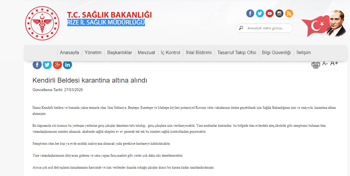 RİZE’DE BİR BELDE VE DÖRT KÖYDE KARANTİNA