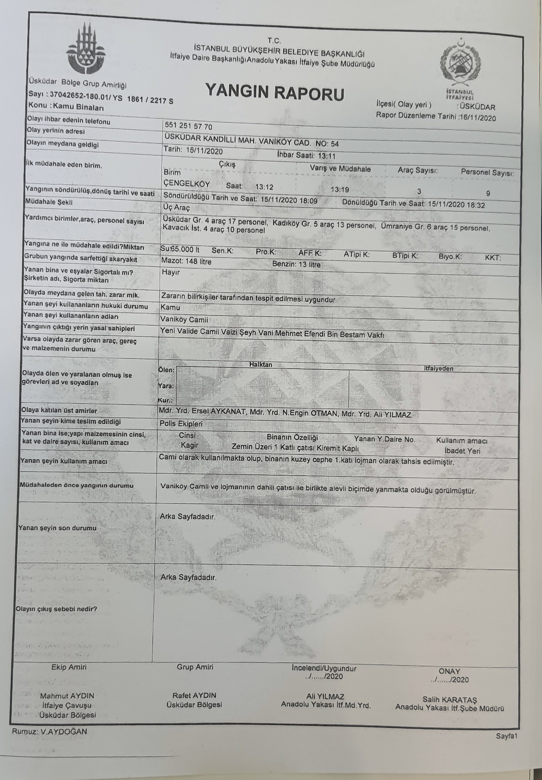 İBB İTFAİYESİ: VANİKÖY CAMİSİ YANGINI ELEKTRİK TESİSATINDAN ÇIKTI