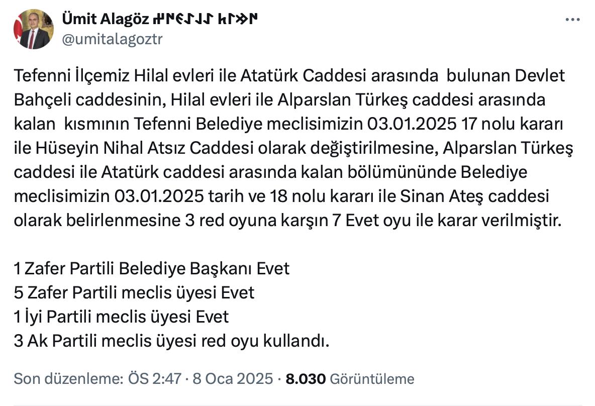 Burdur Tefenni’de Devlet Bahçeli Caddesi’nin ismi değiştirildi