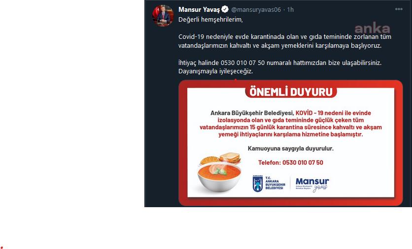 ANKARA BÜYÜKŞEHİR'DEN KARANTİNADAKİ VATANDAŞA KAHVALTI VE AKŞAM YEMEĞİ