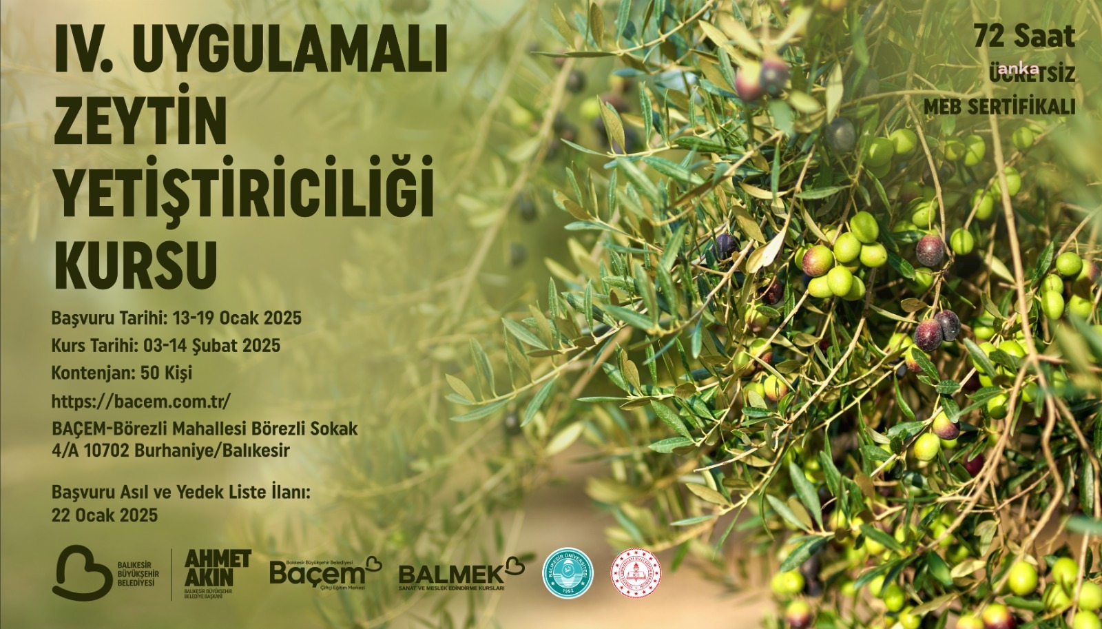 Balıkesir Çiftçi Eğitim Merkezi’nde zeytin yetiştiriciliği kursu başlıyor