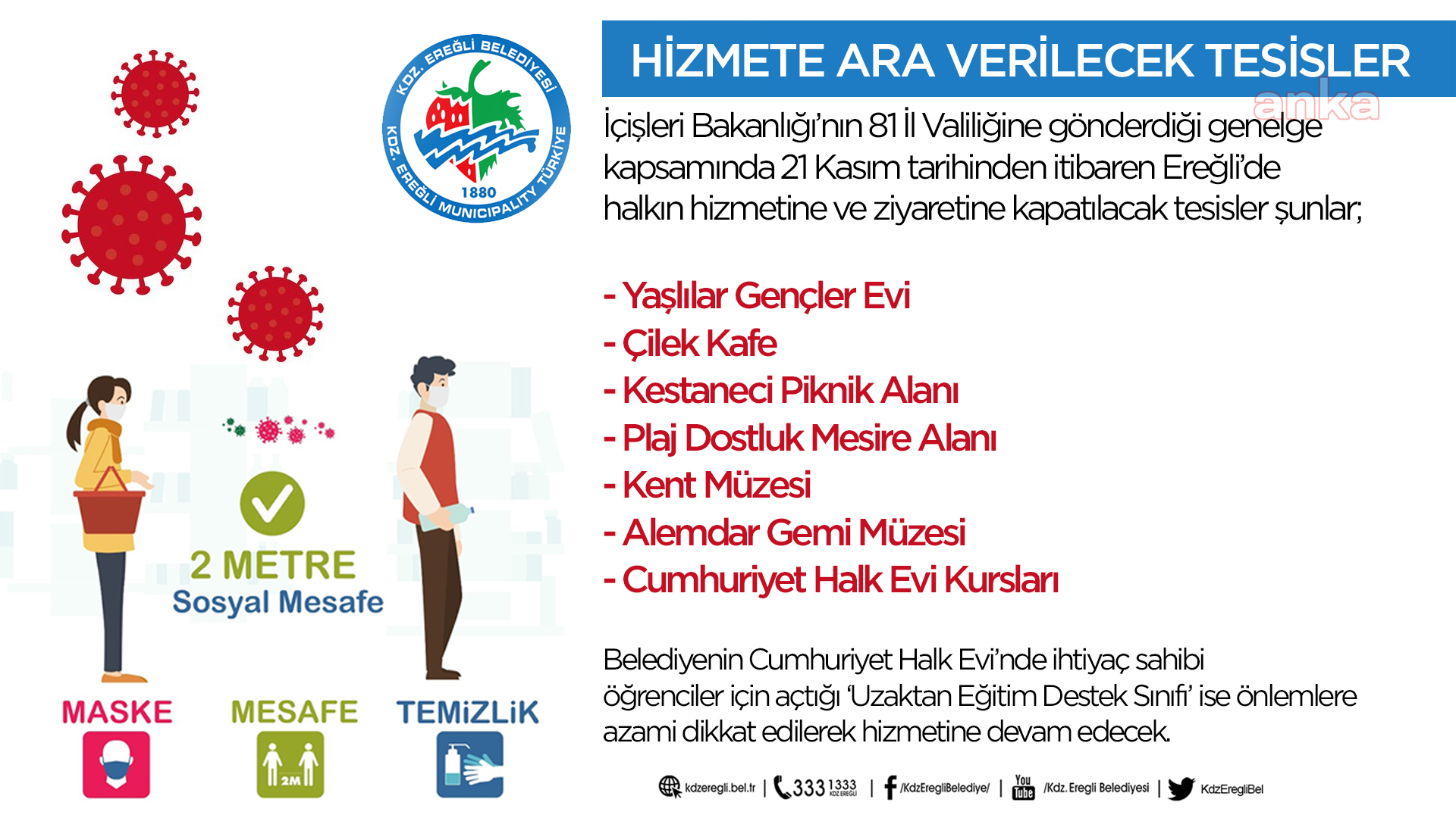 EREĞLİ BELEDİYESİ, HİZMETE ARA VERİLECEK TESİSLERİ AÇIKLADI