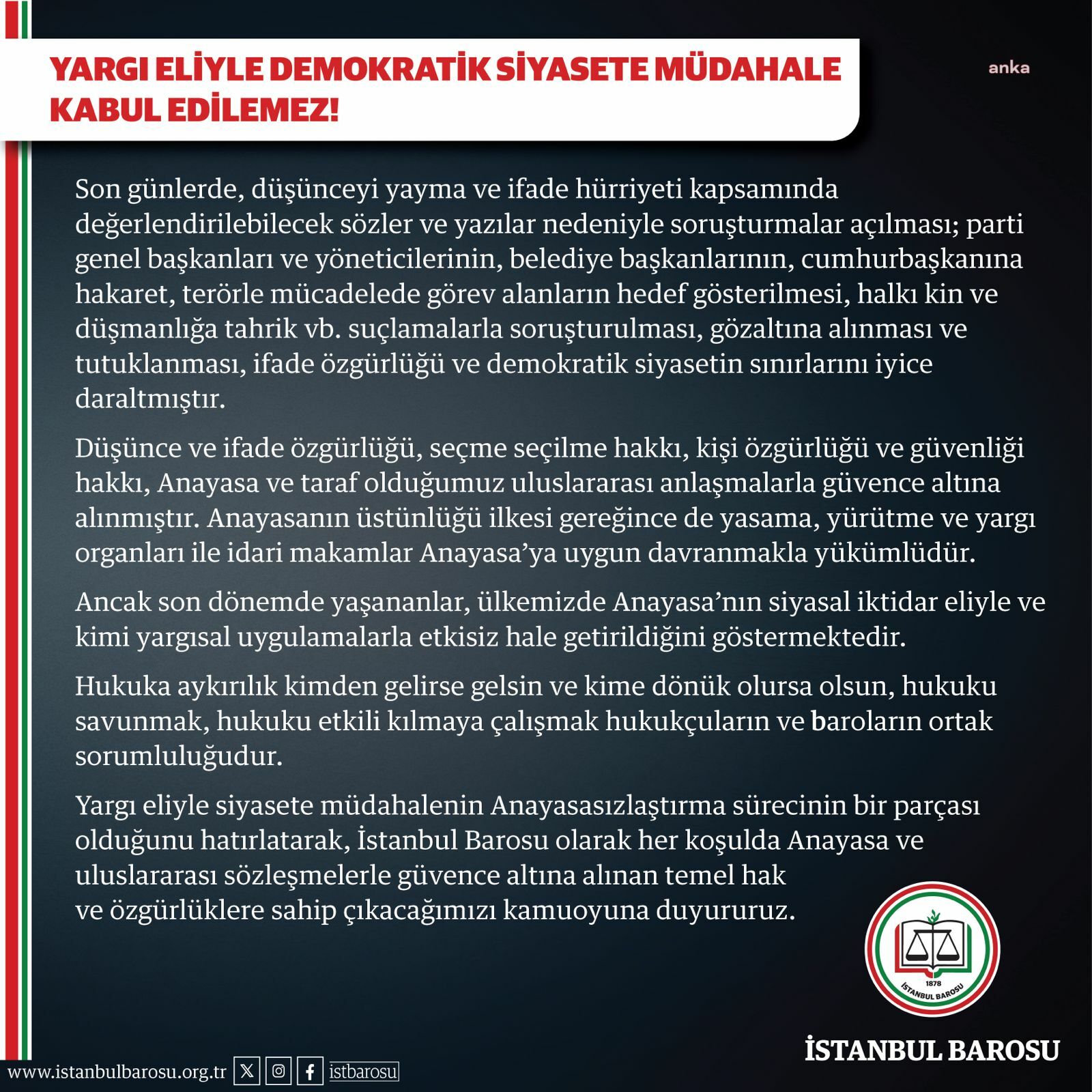 İstanbul Barosu: “Yargı eliyle demokratik siyasete müdahale kabul edilemez”