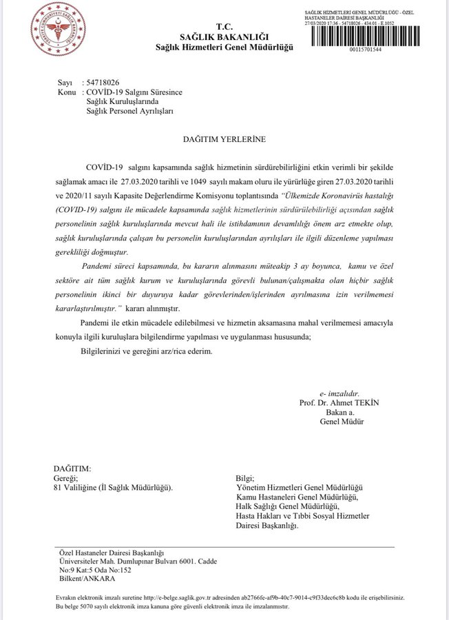TÜM SAĞLIK PERSONELİNİN İSTİFASI 3 AY BOYUNCA YASAKLANDI