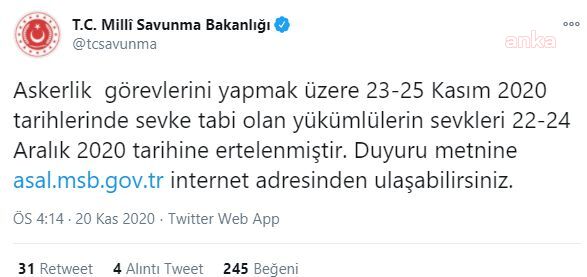 MİLLİ SAVUNMA BAKANLIĞI ASKERE ALINACAKLARIN SEVK TARİHİNİN ERTELENDİĞİNİ DUYURDU