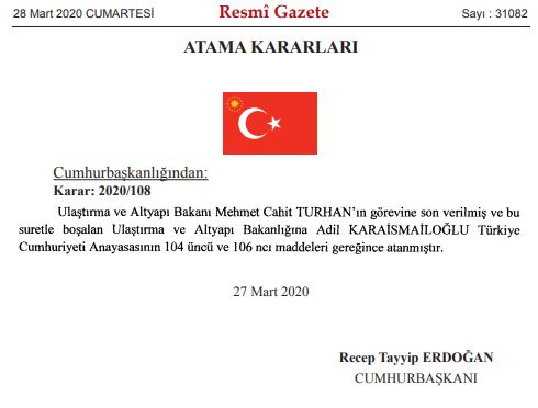 ERDOĞAN ULAŞTIRMA BAKANINI GÖREVDEN ALDI