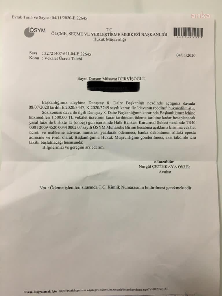 ÖSYM'DEN, İYİ PARTİLİ DERVİŞOĞLU'DAN İCRA TAKİBİ UYARISI