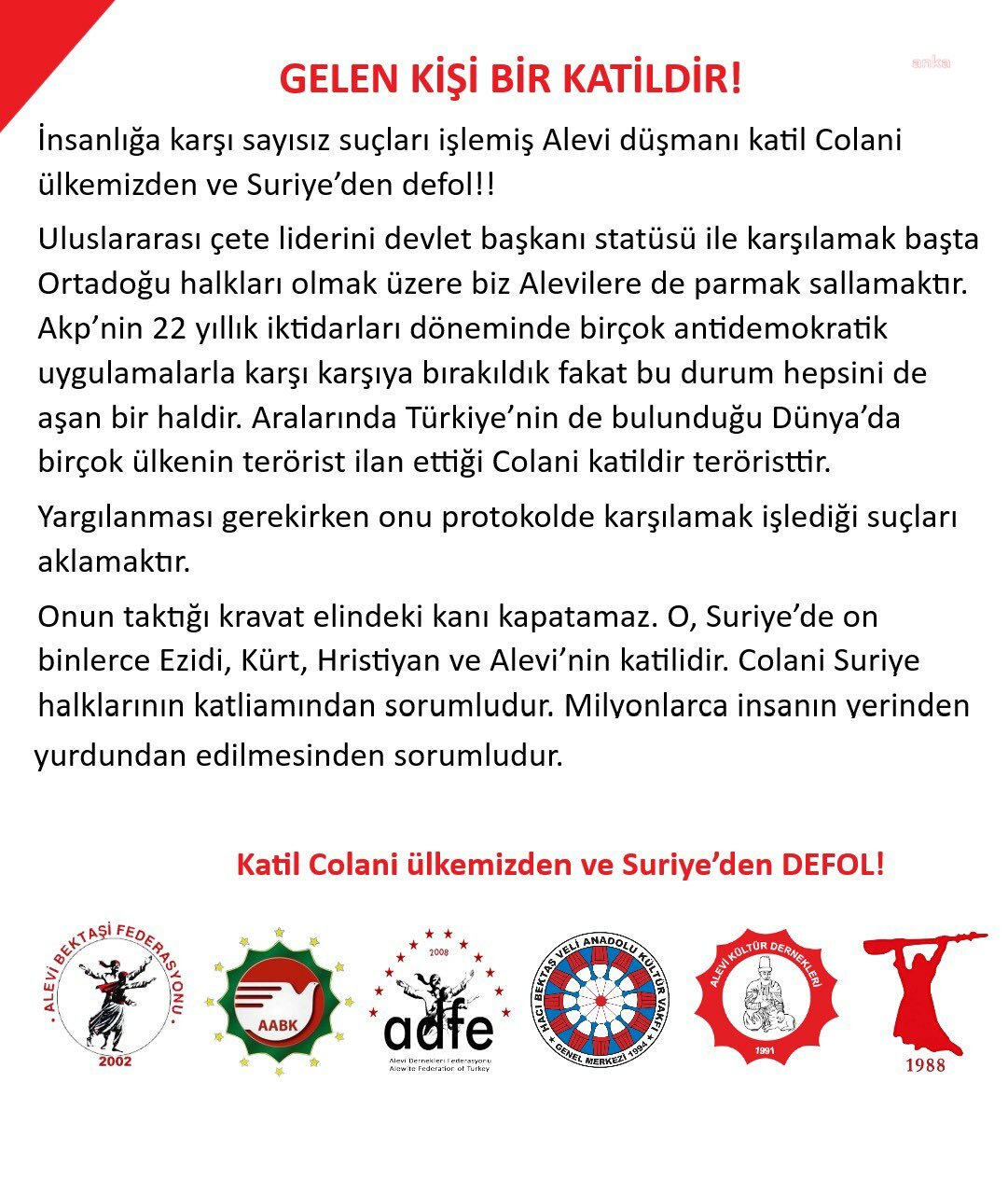 Alevi Bektaşi Federasyon'undan Colani tepkisi: "Colani Suriye halklarının katliamından sorumludur"