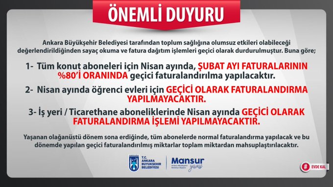 ANKARA BÜYÜKŞEHİR BELEDİYESİ, SAYAÇ OKUMAYI DURDURDU