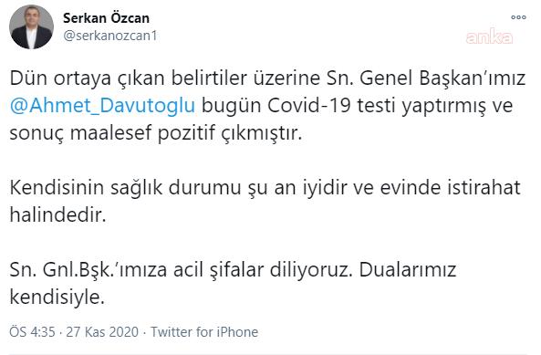 DAVUTOĞLU'NUN KORONAVİRÜS TESTİ POZİTİF ÇIKTI