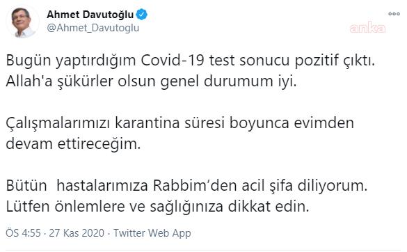 KORONAVİRÜS TESTİ POZİTİF ÇIKAN DAVUTOĞLU: "ALLAH'A ŞÜKÜRLER OLSUN GENEL DURUMUM İYİ"