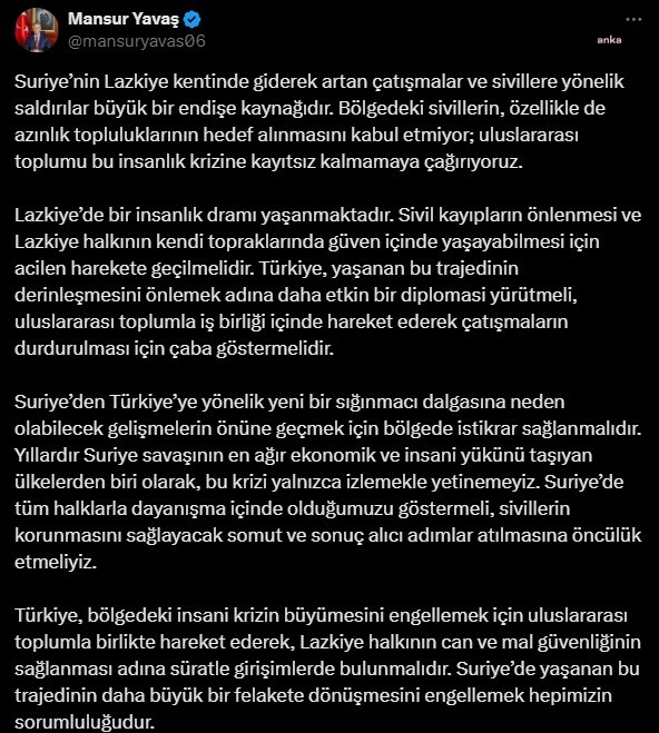 ABB Başkanı Mansur Yavaş: Lazkiye’de bir insanlık dramı yaşanmaktadır