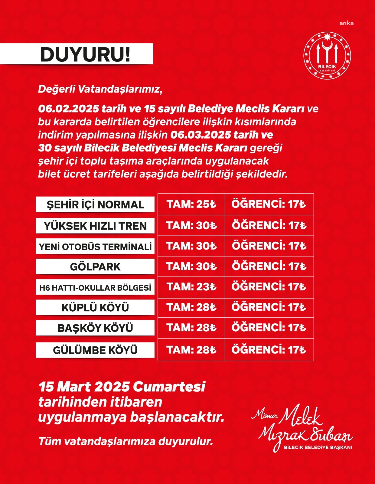 Bilecik'te yeni halk dolmuşu tarifesi 15 Mart itibari ile uygulanacak