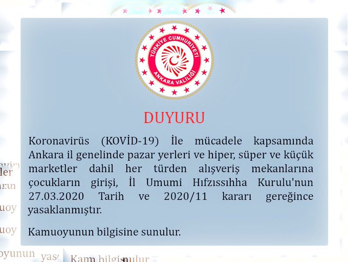 ANKARA VALİLİĞİ: ÇOCUKLARA PAZAR YERLERİ VE ALIŞVERİŞ MERKEZLERİ YASAK