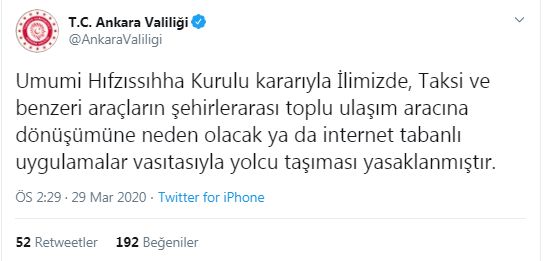 ANKARA VALİLİĞİ: ŞEHİRLER ARASI YOLCULUKTA TAKSİ YASAK
