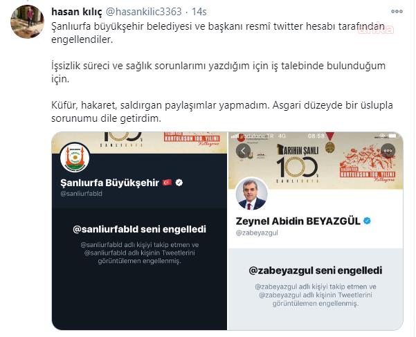 ŞANLIURFA BELEDİYESİ'NDEN İŞ İSTEDİ TWİTTER'DAN ENGELLENDİ