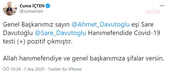 DAVUTOĞLU'NUN EŞİ SARE DAVUTOĞLU KORONAVİRÜSE YAKALANDI