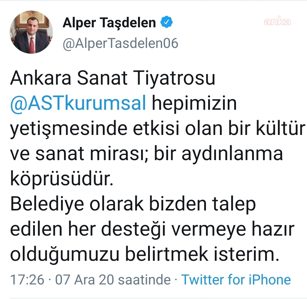 ALPER TAŞDELEN'DEN ANKARA SANAT TİYATROSU'NA DESTEK MESAJI